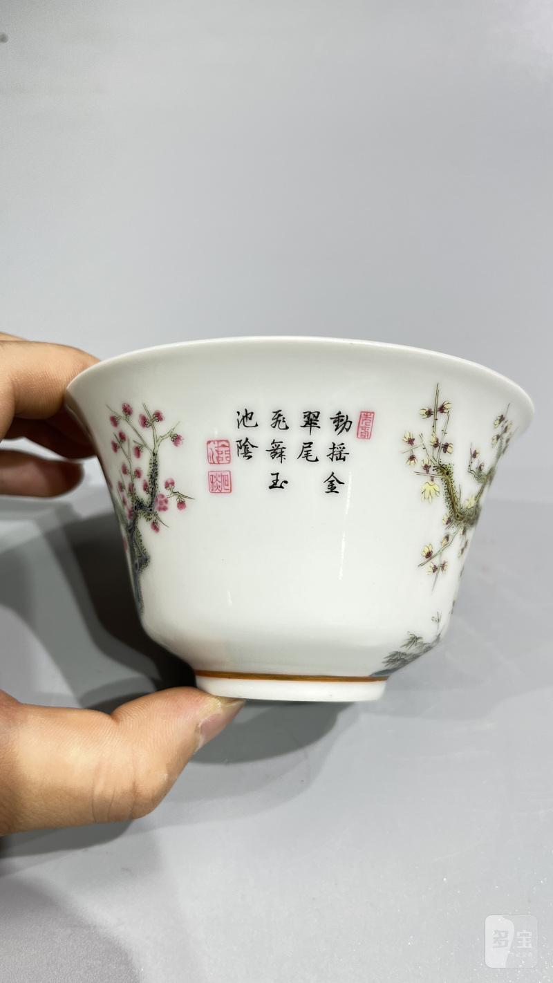 民国 珐琅彩孔雀御题诗文茶圆 - 图6